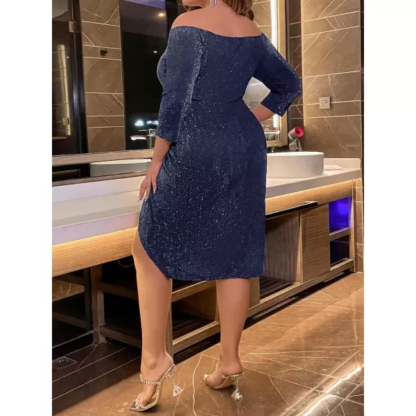 WDIRARA Women's Plus Size Off The Shoulder 3/4 Sleeve Wrap Hem Cocktail Party Glitter Dress