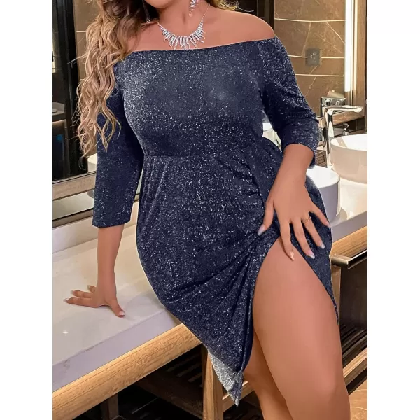 WDIRARA Women's Plus Size Off The Shoulder 3/4 Sleeve Wrap Hem Cocktail Party Glitter Dress