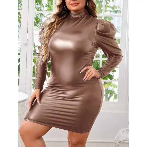 WDIRARA Women's Plus Size PU Leather Mock Neck Long Puff Sleeve Solid Bodycon Mini Dress