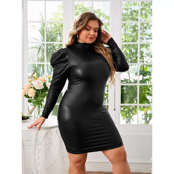 WDIRARA Women's Plus Size PU Leather Mock Neck Long Puff Sleeve Solid Bodycon Mini Dress