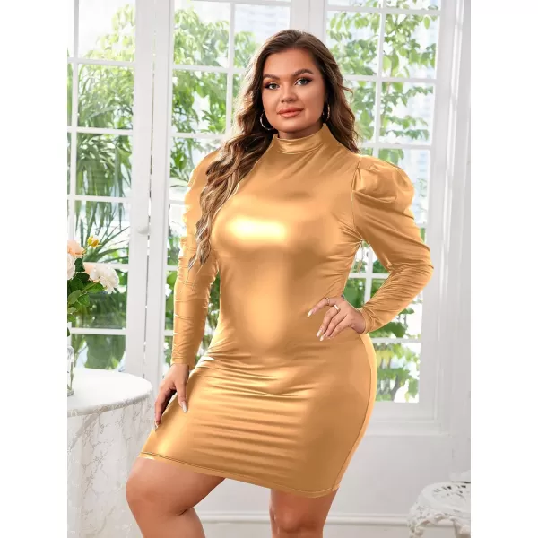 WDIRARA Women's Plus Size PU Leather Mock Neck Long Puff Sleeve Solid Bodycon Mini Dress