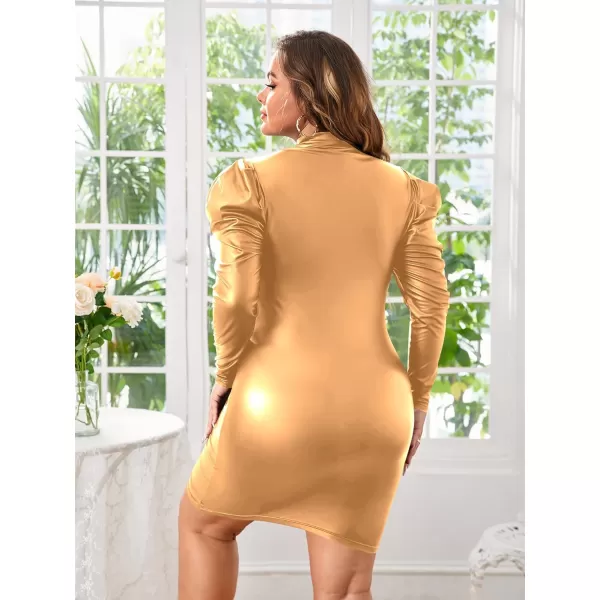 WDIRARA Women's Plus Size PU Leather Mock Neck Long Puff Sleeve Solid Bodycon Mini Dress