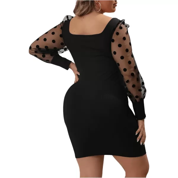 WDIRARA Women's Plus Size Polka Dots Mesh Long Sleeve Square Neck Bodycon Dress