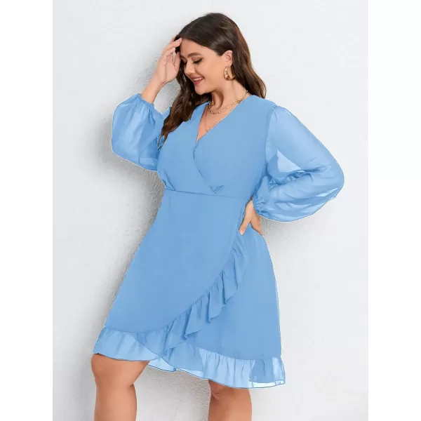 WDIRARA Women's Plus Size Ruffle Trim Lantern Long Sleeve V-Neck Wrap Hem Short Formal Dress