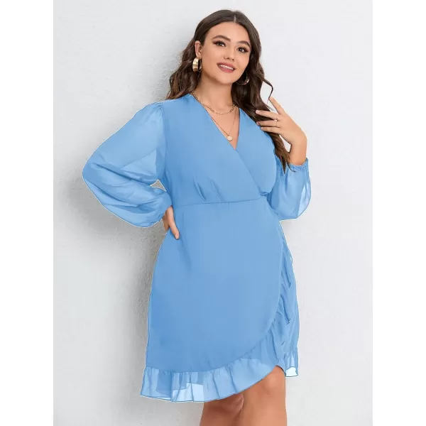 WDIRARA Women's Plus Size Ruffle Trim Lantern Long Sleeve V-Neck Wrap Hem Short Formal Dress