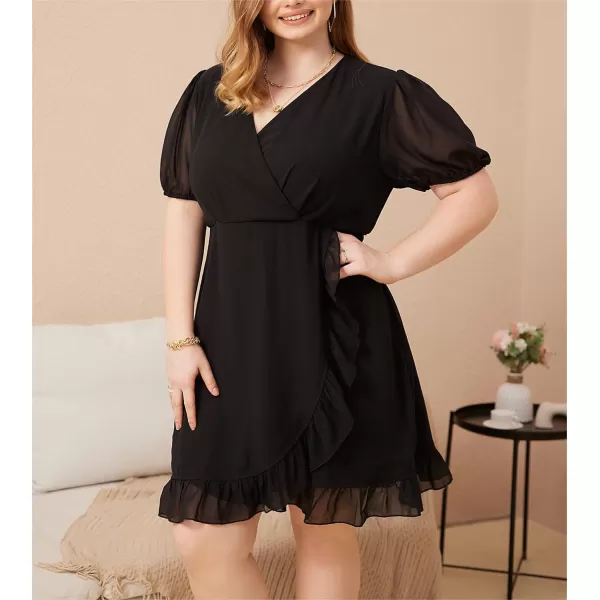 WDIRARA Women's Plus Size Ruffle Trim Lantern Long Sleeve V-Neck Wrap Hem Short Formal Dress