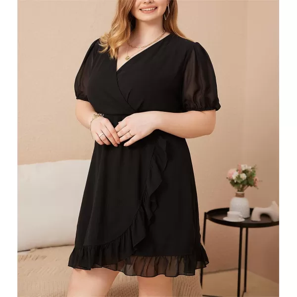 WDIRARA Women's Plus Size Ruffle Trim Lantern Long Sleeve V-Neck Wrap Hem Short Formal Dress
