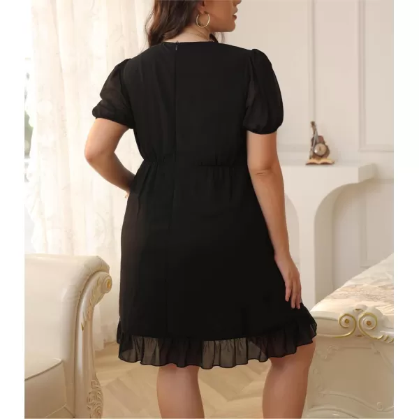 WDIRARA Women's Plus Size Ruffle Trim Lantern Long Sleeve V-Neck Wrap Hem Short Formal Dress