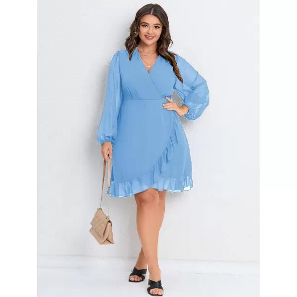 WDIRARA Women's Plus Size Ruffle Trim Lantern Long Sleeve V-Neck Wrap Hem Short Formal Dress