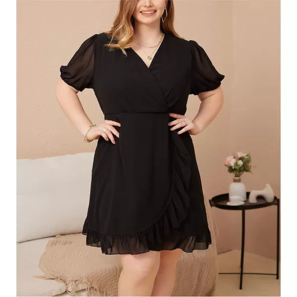WDIRARA Women's Plus Size Ruffle Trim Lantern Long Sleeve V-Neck Wrap Hem Short Formal Dress