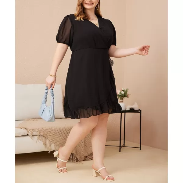 WDIRARA Women's Plus Size Ruffle Trim Lantern Long Sleeve V-Neck Wrap Hem Short Formal Dress