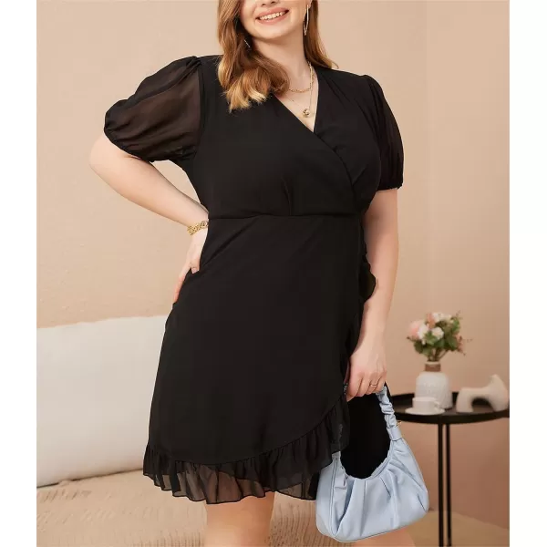 WDIRARA Women's Plus Size Ruffle Trim Lantern Long Sleeve V-Neck Wrap Hem Short Formal Dress