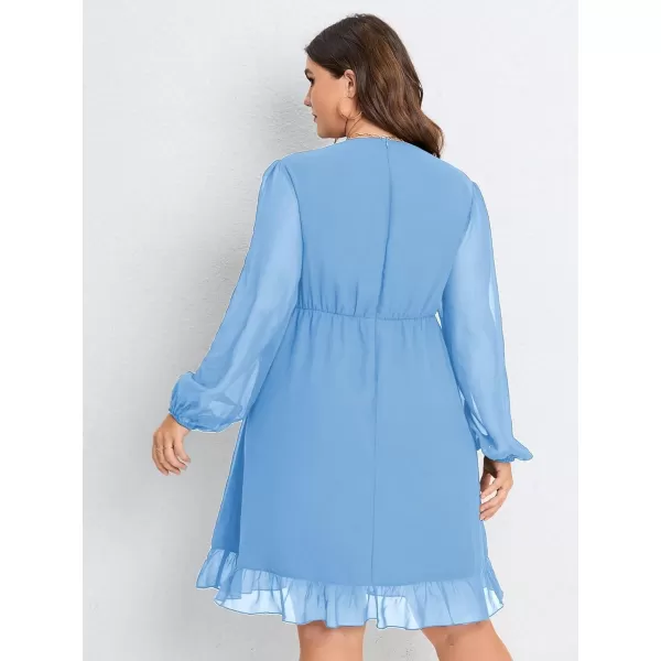 WDIRARA Women's Plus Size Ruffle Trim Lantern Long Sleeve V-Neck Wrap Hem Short Formal Dress