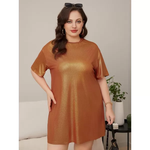 WDIRARA Women's Plus Size Short Sleeve Metallic Loose Mini Tshirt Dress for Clubwear