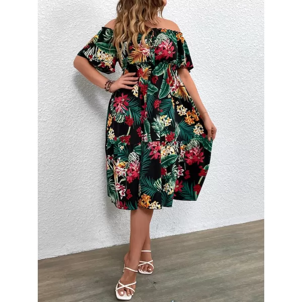 WDIRARA Women's Plus Size Tropical Print Off Shoulder Ruffle Hem A Line Dress