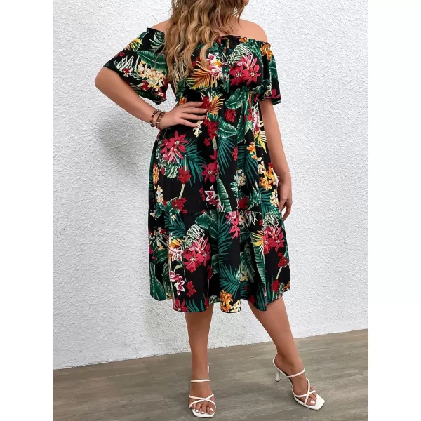 WDIRARA Women's Plus Size Tropical Print Off Shoulder Ruffle Hem A Line Dress