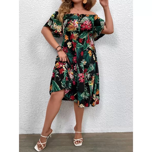 WDIRARA Women's Plus Size Tropical Print Off Shoulder Ruffle Hem A Line Dress