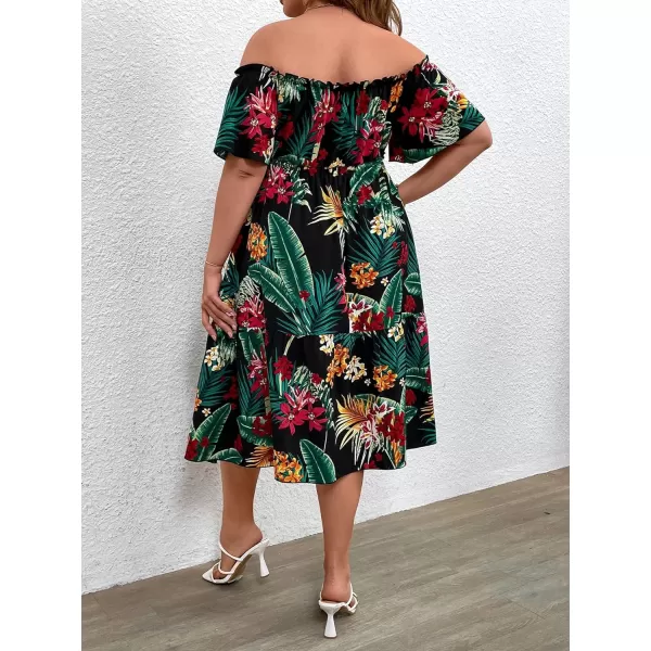 WDIRARA Women's Plus Size Tropical Print Off Shoulder Ruffle Hem A Line Dress