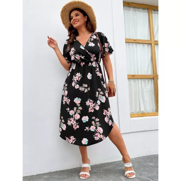 WDIRARA Women's Plus Size V Neck Floral Print Butterfly Sleeve A Line Flared High Waist Dress