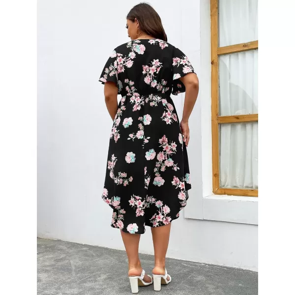 WDIRARA Women's Plus Size V Neck Floral Print Butterfly Sleeve A Line Flared High Waist Dress