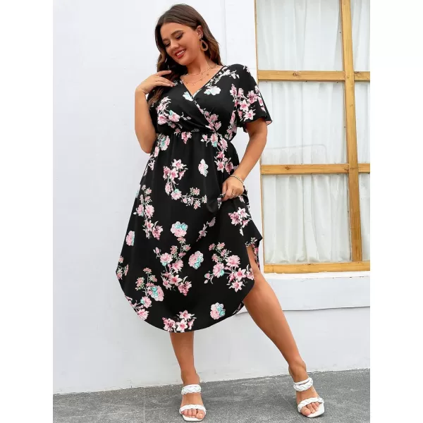 WDIRARA Women's Plus Size V Neck Floral Print Butterfly Sleeve A Line Flared High Waist Dress