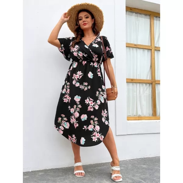 WDIRARA Women's Plus Size V Neck Floral Print Butterfly Sleeve A Line Flared High Waist Dress