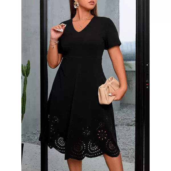WDIRARA Women's Plus Size V Neck Scallop Trim Cut Out Short Sleeve A Line Swing Midi Dress