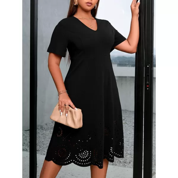 WDIRARA Women's Plus Size V Neck Scallop Trim Cut Out Short Sleeve A Line Swing Midi Dress