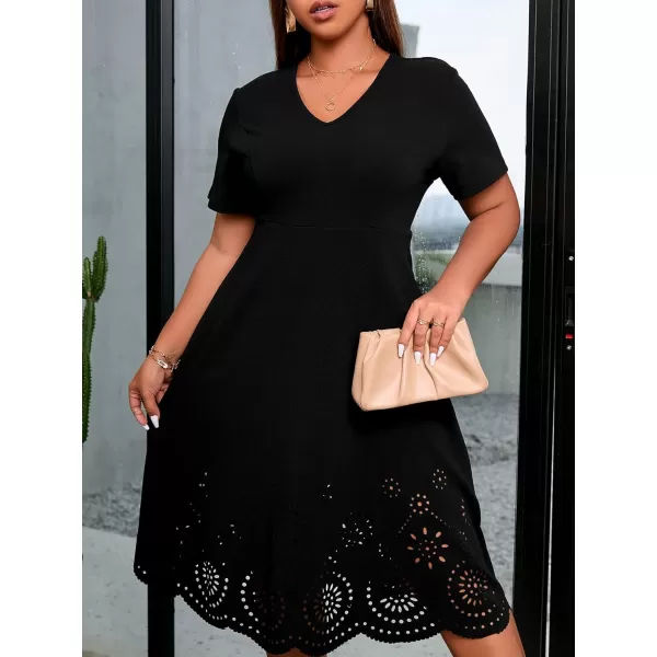 WDIRARA Women's Plus Size V Neck Scallop Trim Cut Out Short Sleeve A Line Swing Midi Dress