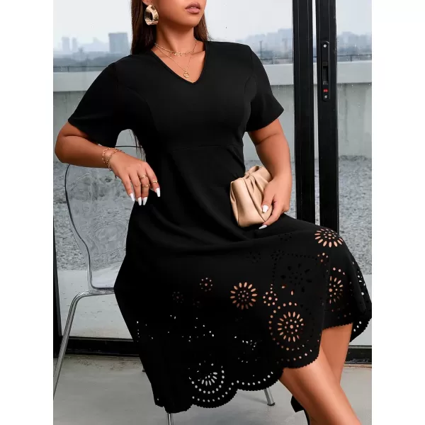WDIRARA Women's Plus Size V Neck Scallop Trim Cut Out Short Sleeve A Line Swing Midi Dress