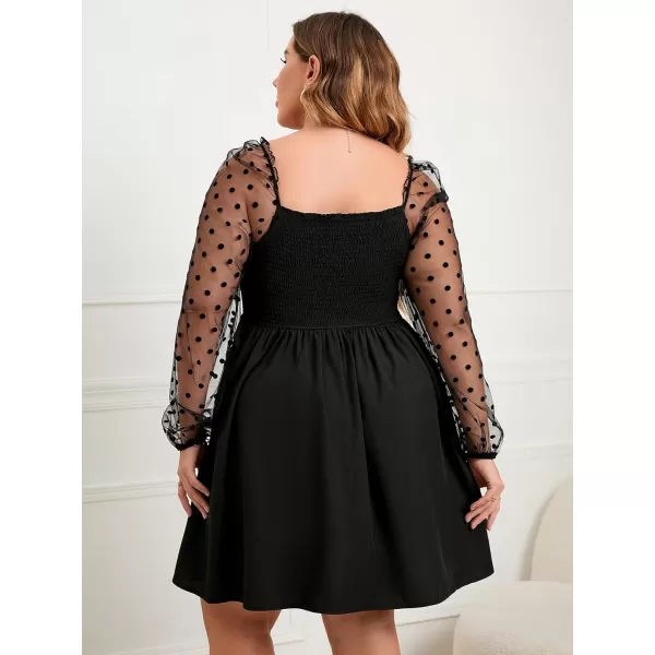 WDIRARA Women's Polka Swiss Dots Mesh Square Neck Lantern Bishop Sleeve Chiffon Dress