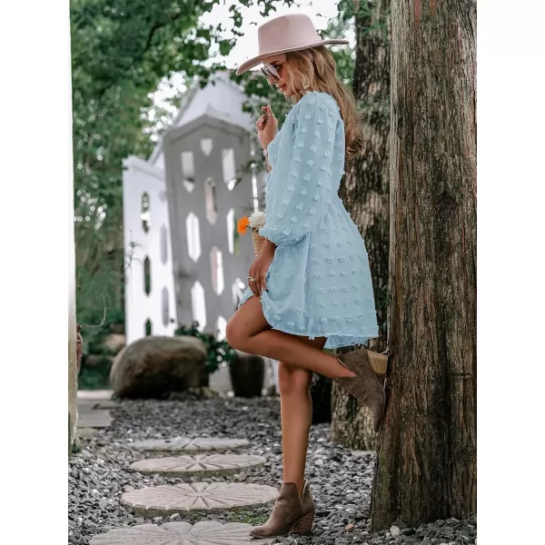 WDIRARA Women's Polka Swiss Dots Mesh Square Neck Lantern Bishop Sleeve Chiffon Dress
