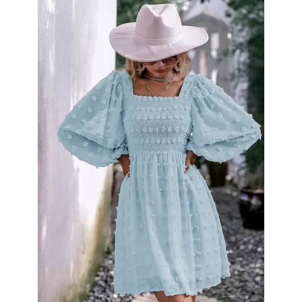 WDIRARA Women's Polka Swiss Dots Mesh Square Neck Lantern Bishop Sleeve Chiffon Dress
