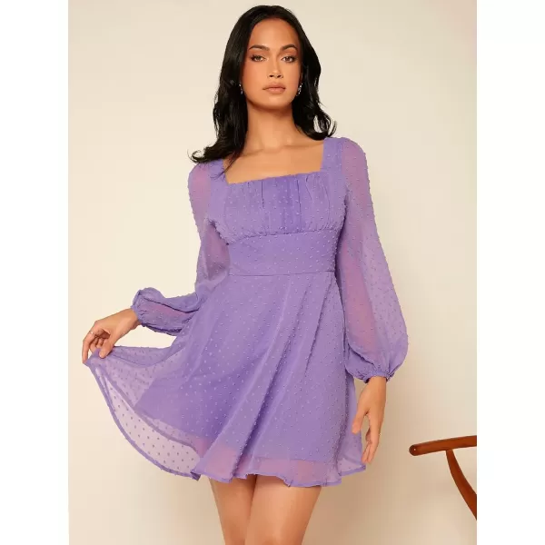 WDIRARA Women's Polka Swiss Dots Mesh Square Neck Lantern Bishop Sleeve Chiffon Dress