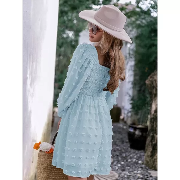 WDIRARA Women's Polka Swiss Dots Mesh Square Neck Lantern Bishop Sleeve Chiffon Dress