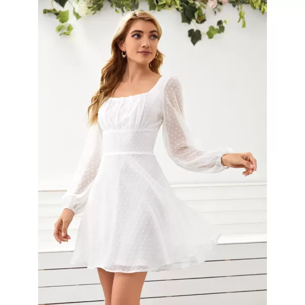 WDIRARA Women's Polka Swiss Dots Mesh Square Neck Lantern Bishop Sleeve Chiffon Dress