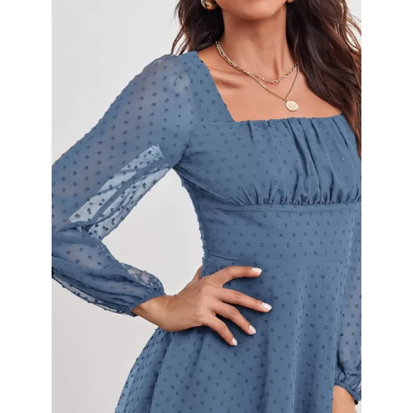 WDIRARA Women's Polka Swiss Dots Mesh Square Neck Lantern Bishop Sleeve Chiffon Dress