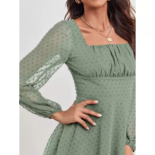 WDIRARA Women's Polka Swiss Dots Mesh Square Neck Lantern Bishop Sleeve Chiffon Dress