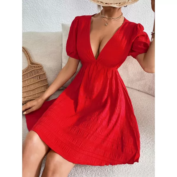 WDIRARA Women's Puff Sleeve Deep V Neck Tie Back Mini A Line Swing Dress