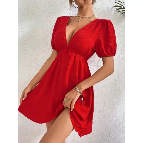 WDIRARA Women's Puff Sleeve Deep V Neck Tie Back Mini A Line Swing Dress