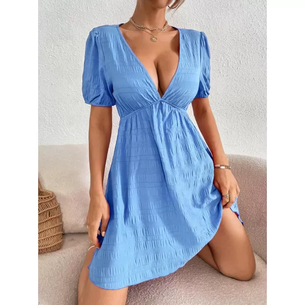 WDIRARA Women's Puff Sleeve Deep V Neck Tie Back Mini A Line Swing Dress