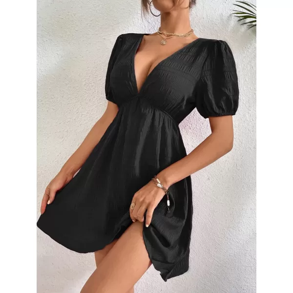 WDIRARA Women's Puff Sleeve Deep V Neck Tie Back Mini A Line Swing Dress
