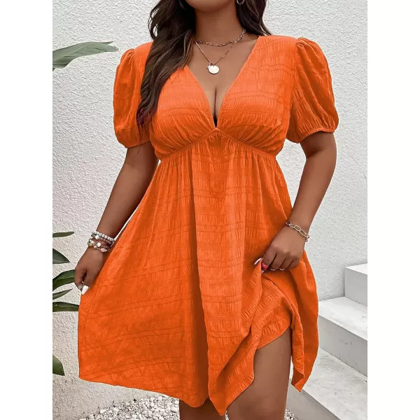 WDIRARA Women's Puff Sleeve Deep V Neck Tie Back Mini A Line Swing Dress