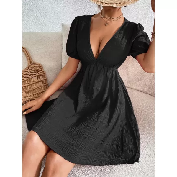 WDIRARA Women's Puff Sleeve Deep V Neck Tie Back Mini A Line Swing Dress