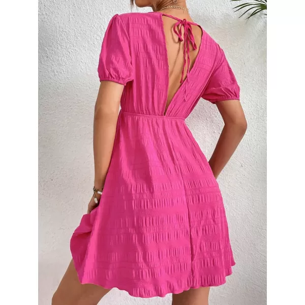 WDIRARA Women's Puff Sleeve Deep V Neck Tie Back Mini A Line Swing Dress