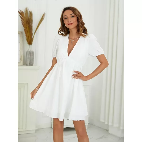 WDIRARA Women's Puff Sleeve Deep V Neck Tie Back Mini A Line Swing Dress
