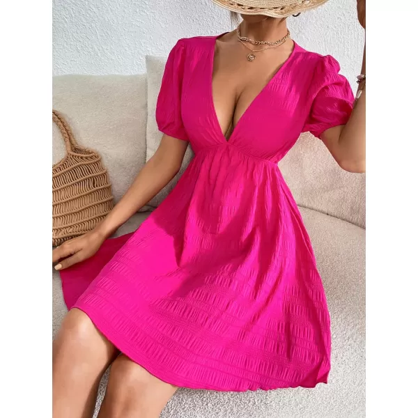 WDIRARA Women's Puff Sleeve Deep V Neck Tie Back Mini A Line Swing Dress