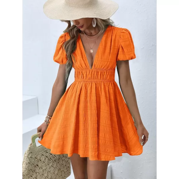 WDIRARA Women's Puff Sleeve Deep V Neck Tie Back Mini A Line Swing Dress