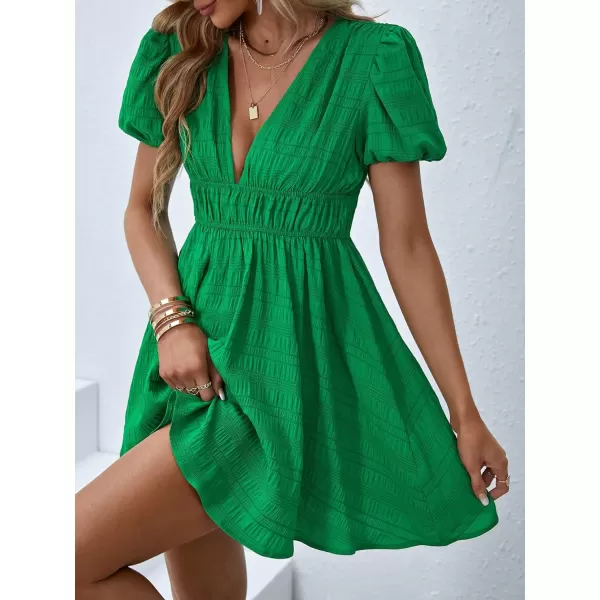 WDIRARA Women's Puff Sleeve Deep V Neck Tie Back Mini A Line Swing Dress