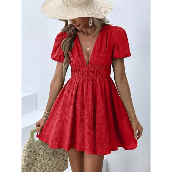WDIRARA Women's Puff Sleeve Deep V Neck Tie Back Mini A Line Swing Dress